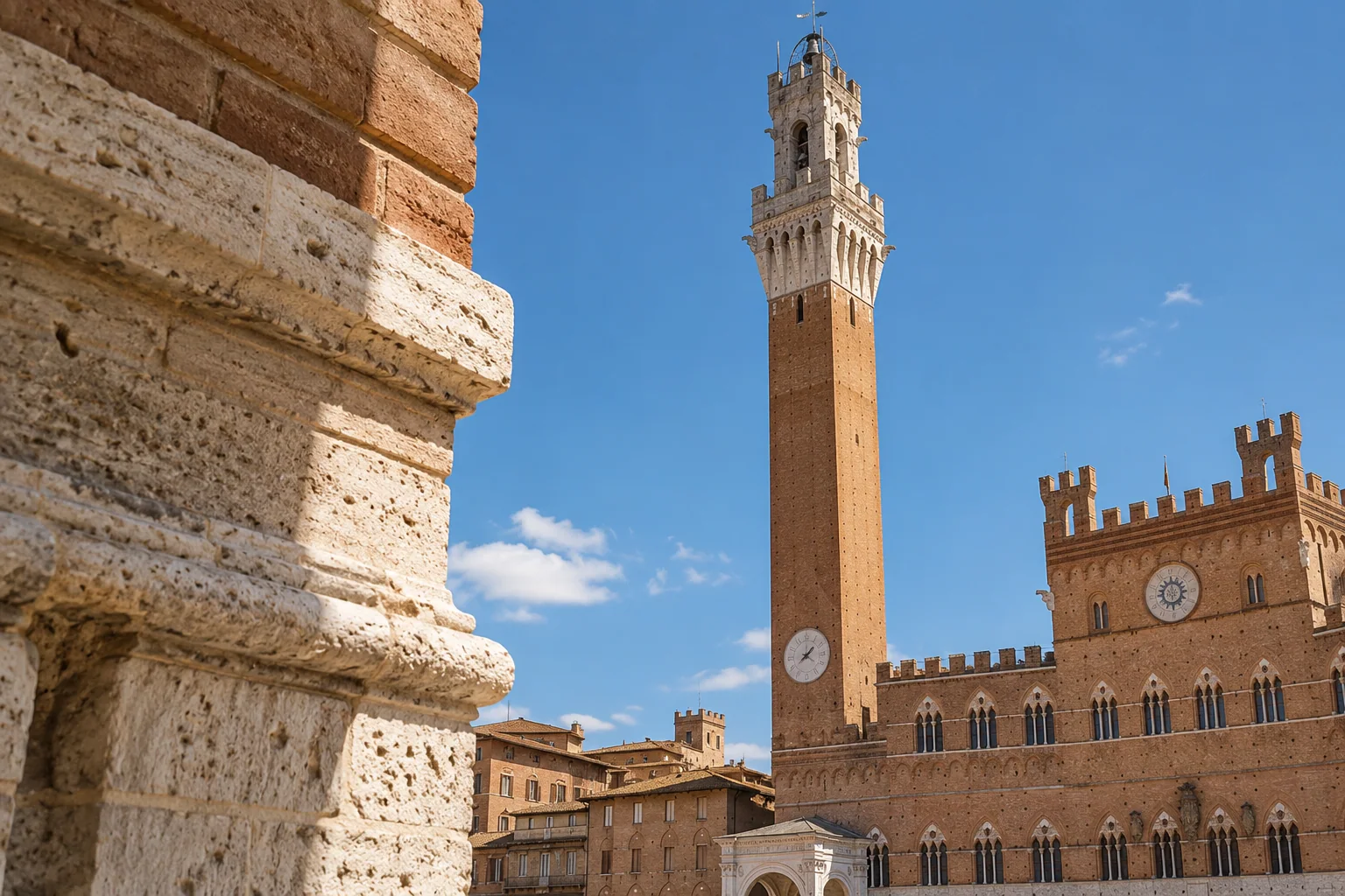 The white stone crown of the Torre del Mangia against a blue sky