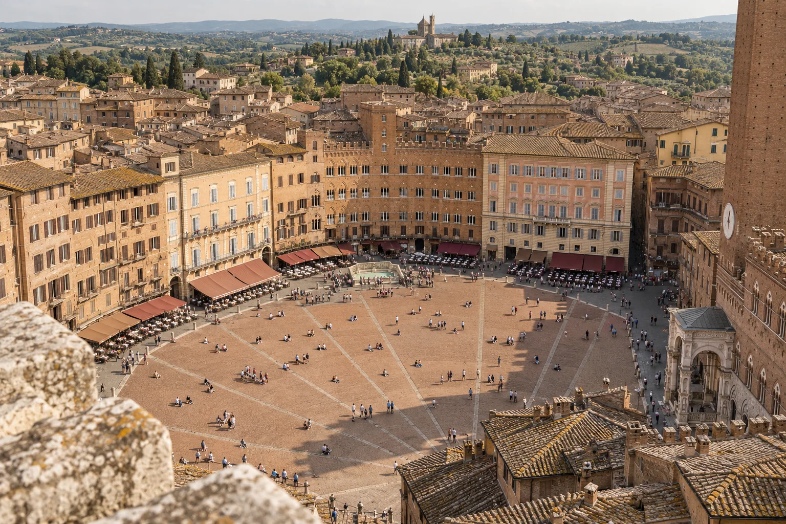 Piazza del Campo in Siena seen from the tower, its paving divided into nine wedges