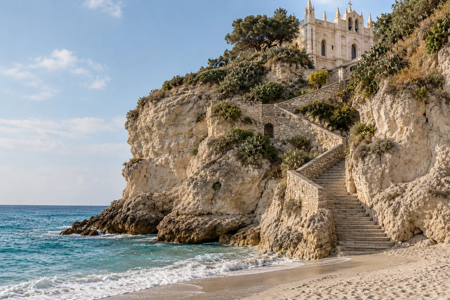 A steep stone stair climbs the limestone rock beneath Santa Maria dell’Isola.