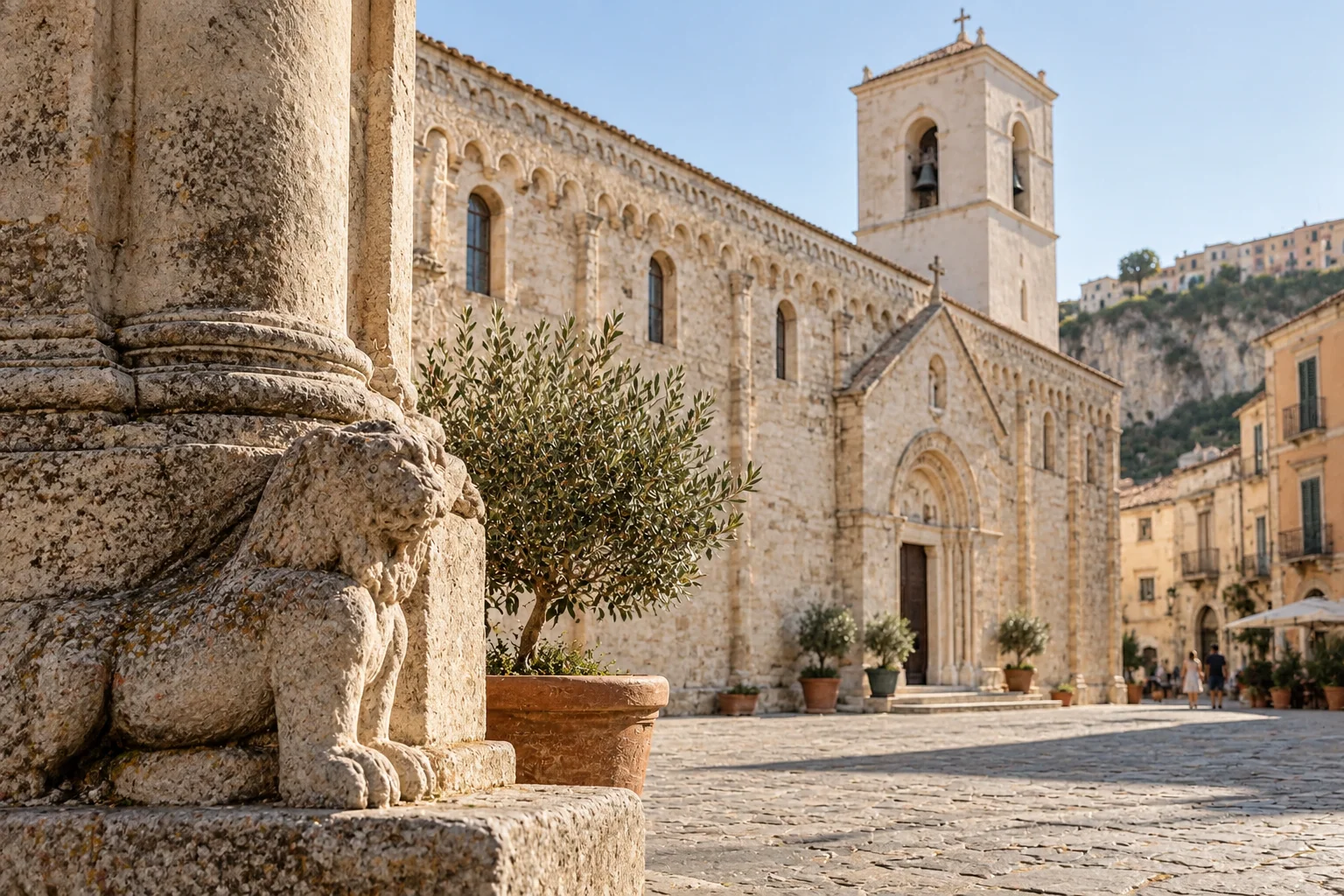 Tropea Cathedral's pale stone wall and square bell tower