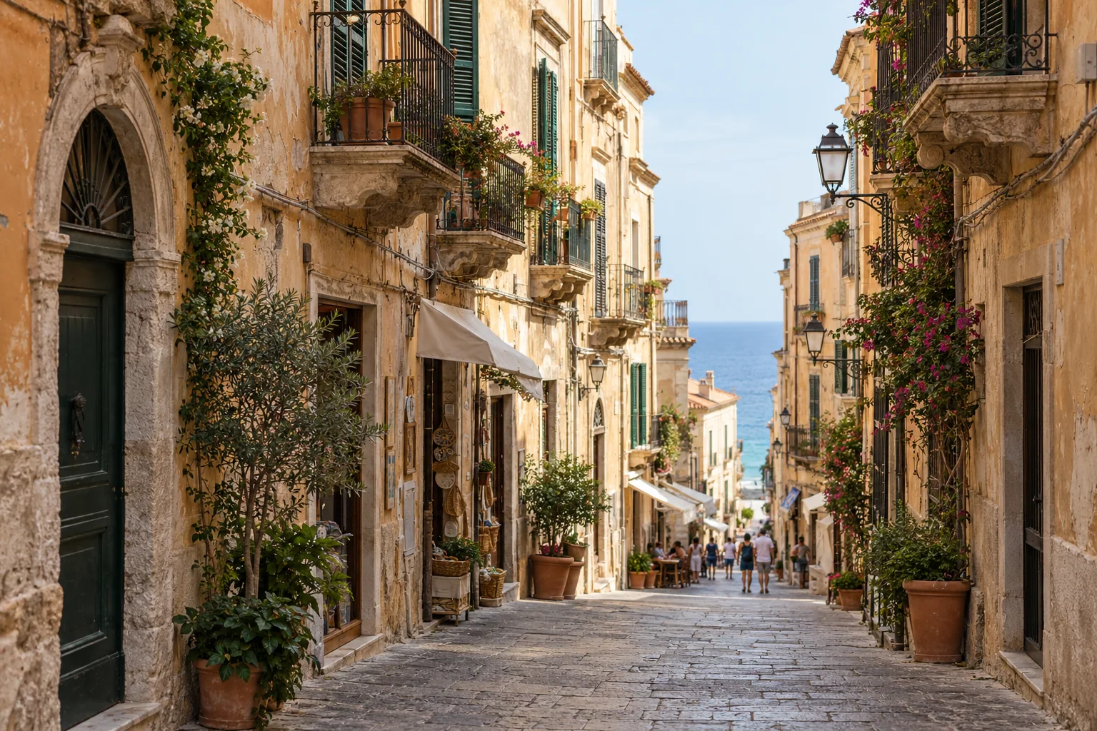 A stone-paved street in Tropea's old town leading to the sea