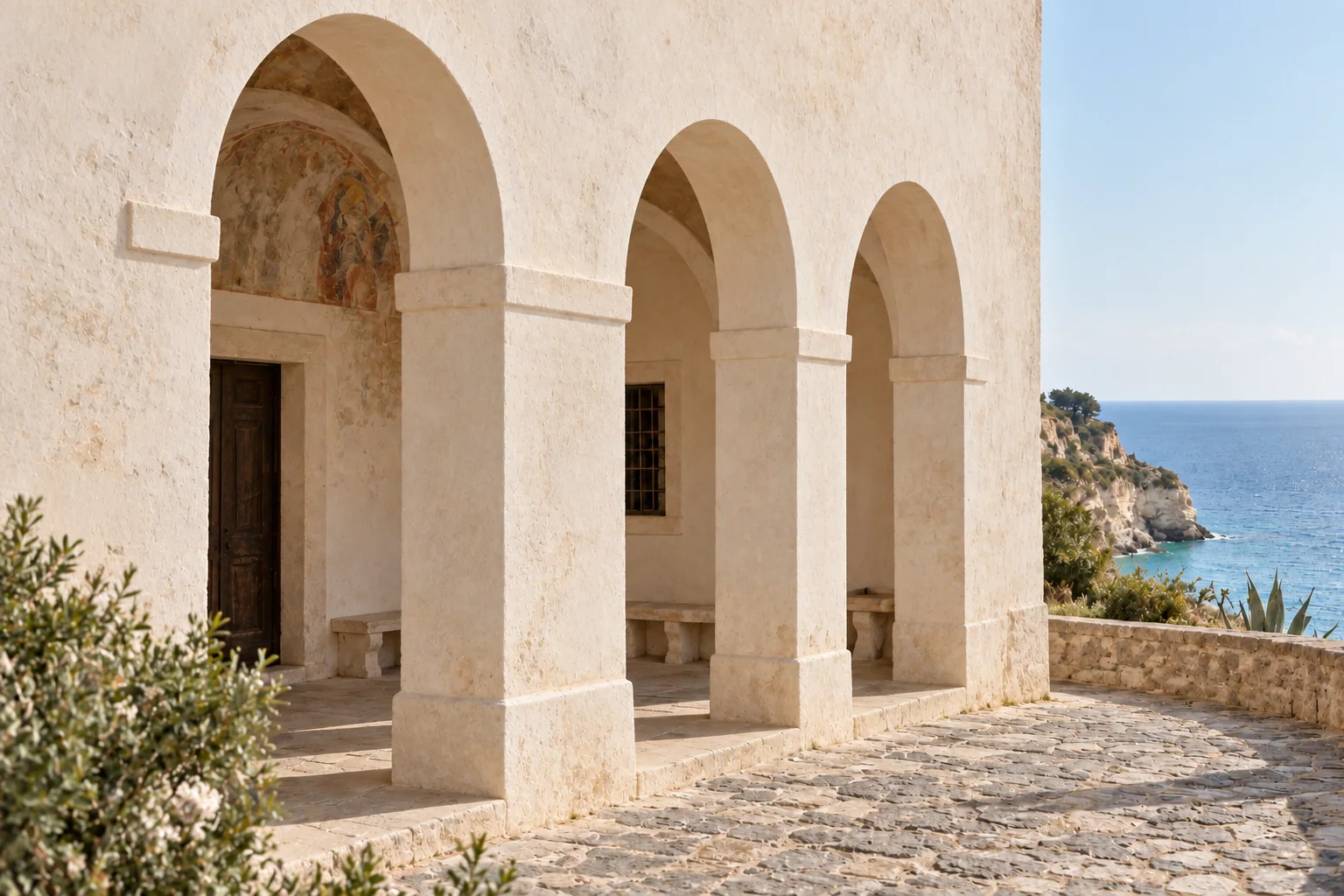 Pale stone arches open beside the sea at Santa Maria dell’Isola.