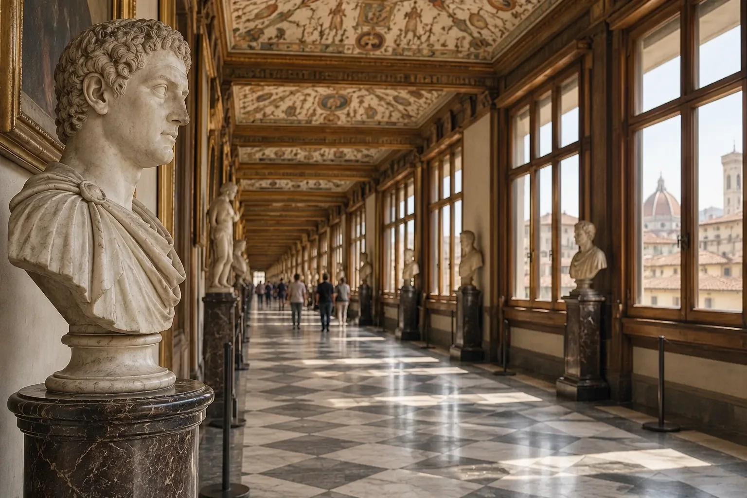 The long top-floor corridor of the Uffizi with Roman busts under painted ceilings