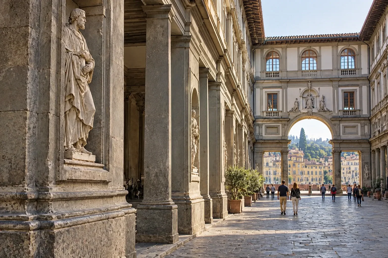 The stone arcades of the Uffizi courtyard framing the arch toward the Arno