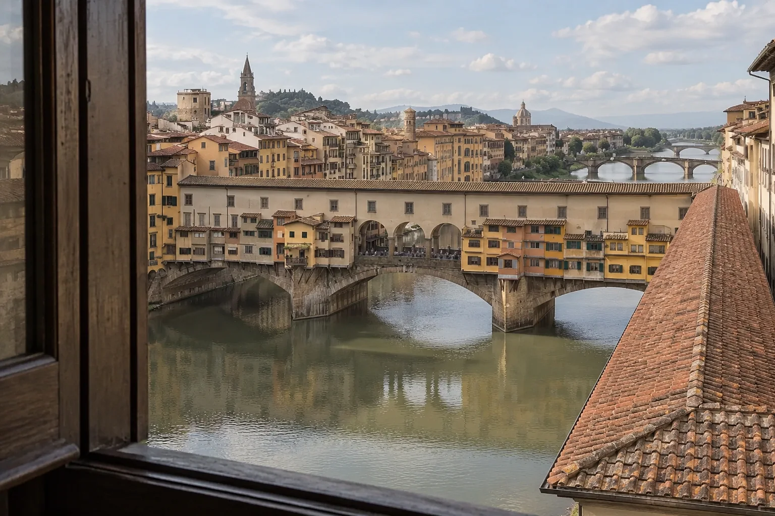 The Arno and the Ponte Vecchio seen from a Uffizi window, with Vasari's corridor along the river