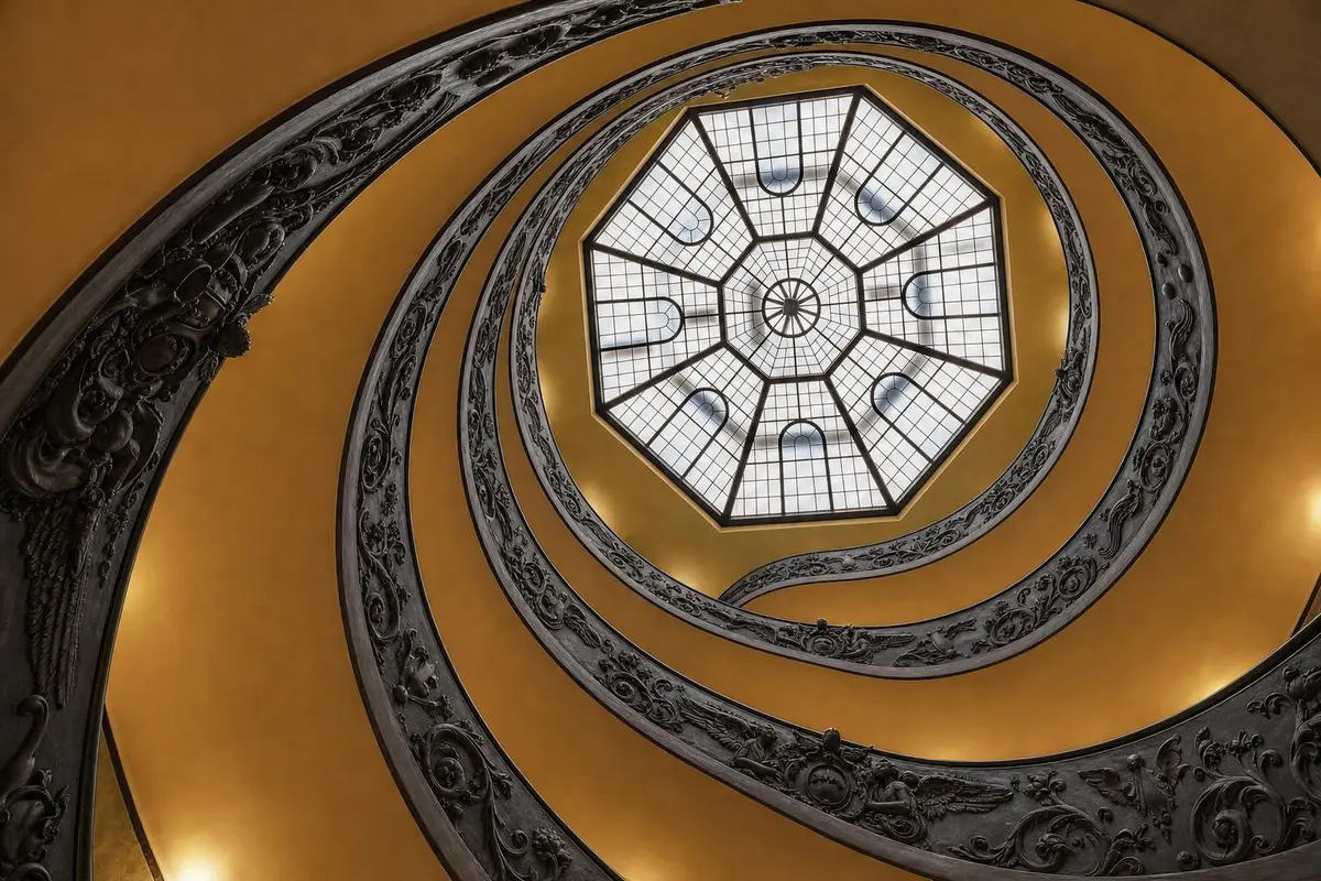 The glazed skylight above the spiral staircase in the Vatican Museums