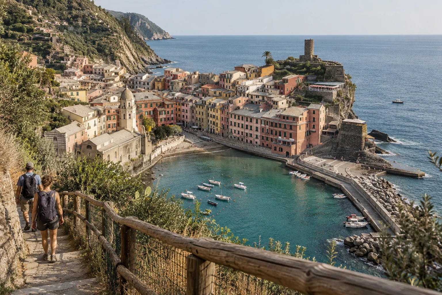 Vernazza’s harbor seen from the coastal path, with the church tower and the Doria tower on the headland