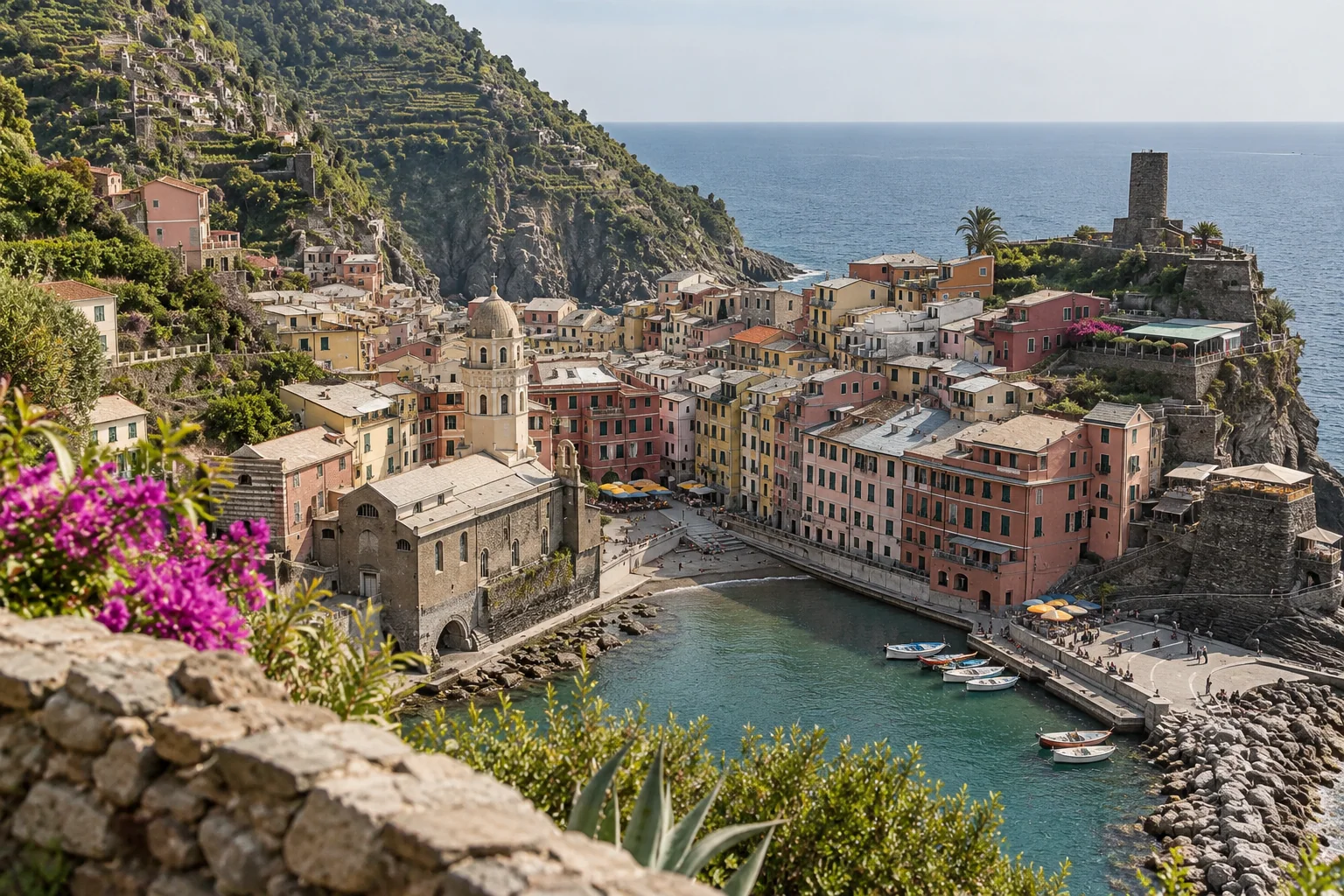 Rooftops of Vernazza seen from the Doria tower, with the church and harbor below