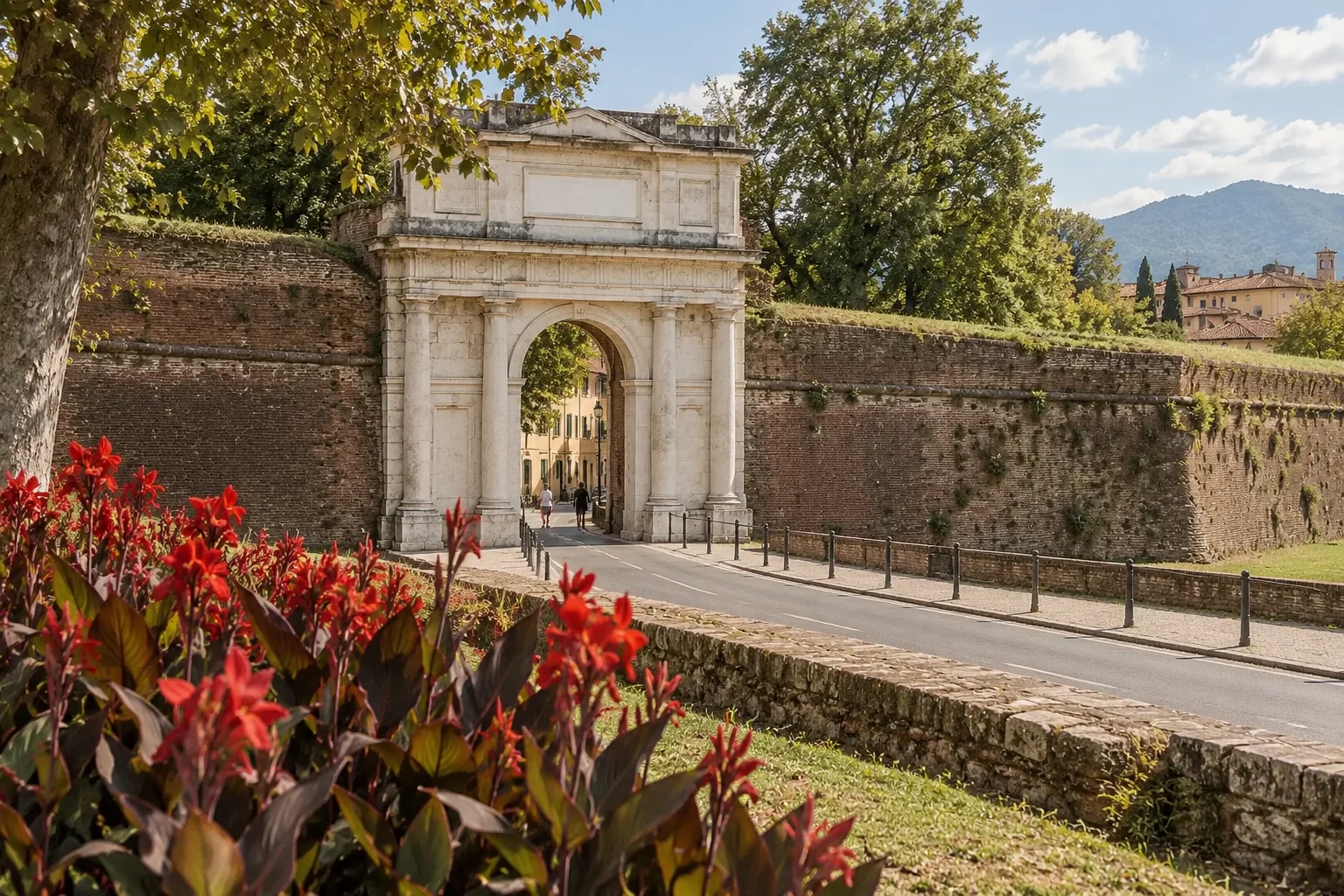 Porta Elisa, the neoclassical white stone arch in the walls of Lucca