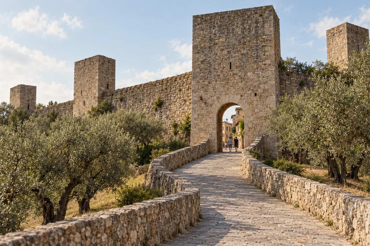 A gate tower in the walls of Monteriggioni with visitors walking through the pointed arch