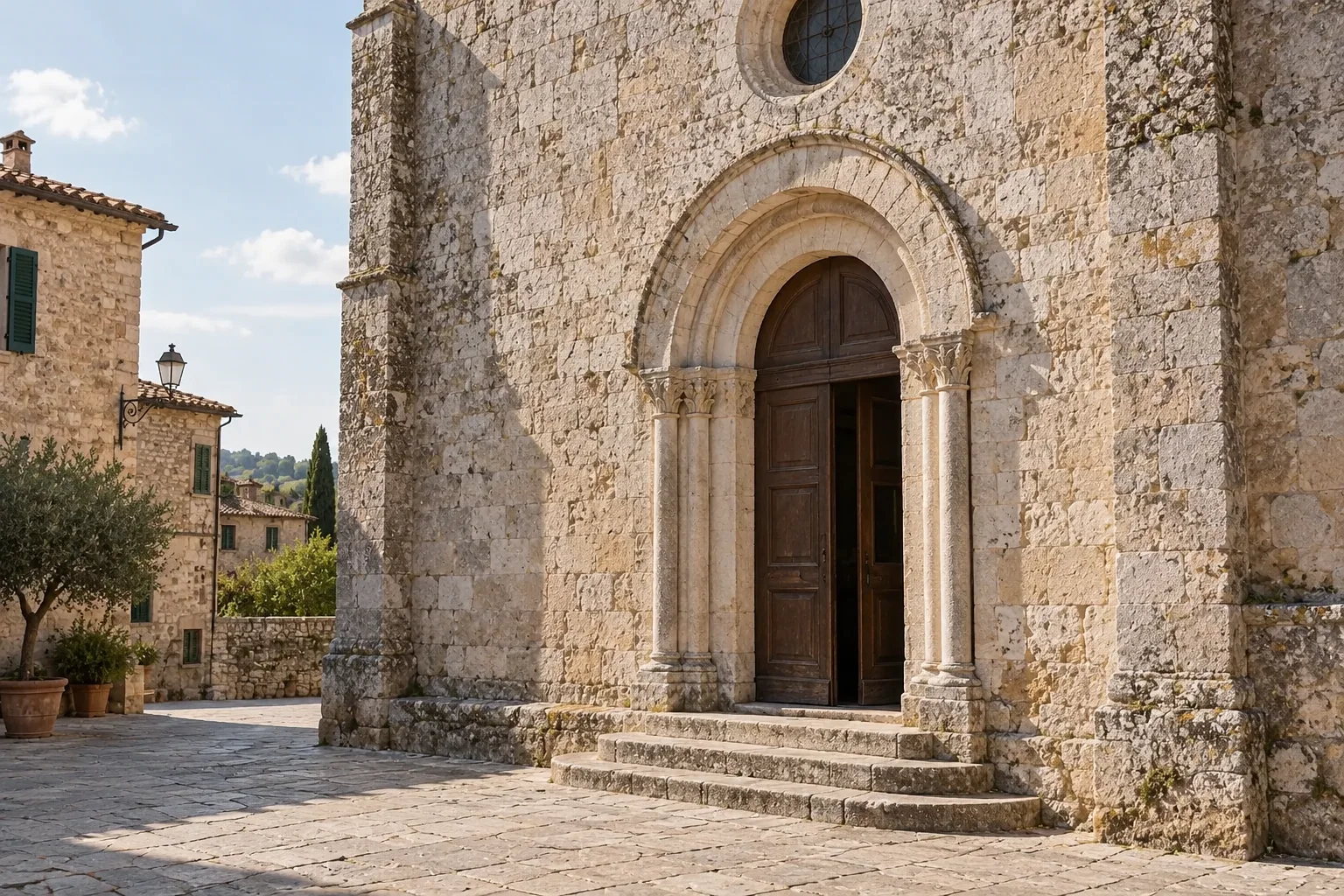 A simple round-arched doorway opens in the stone wall of Santa Maria Assunta.
