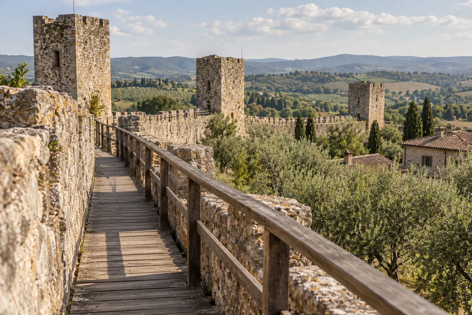 The rampart walkway on the walls of Monteriggioni, above olive trees and the Chianti hills