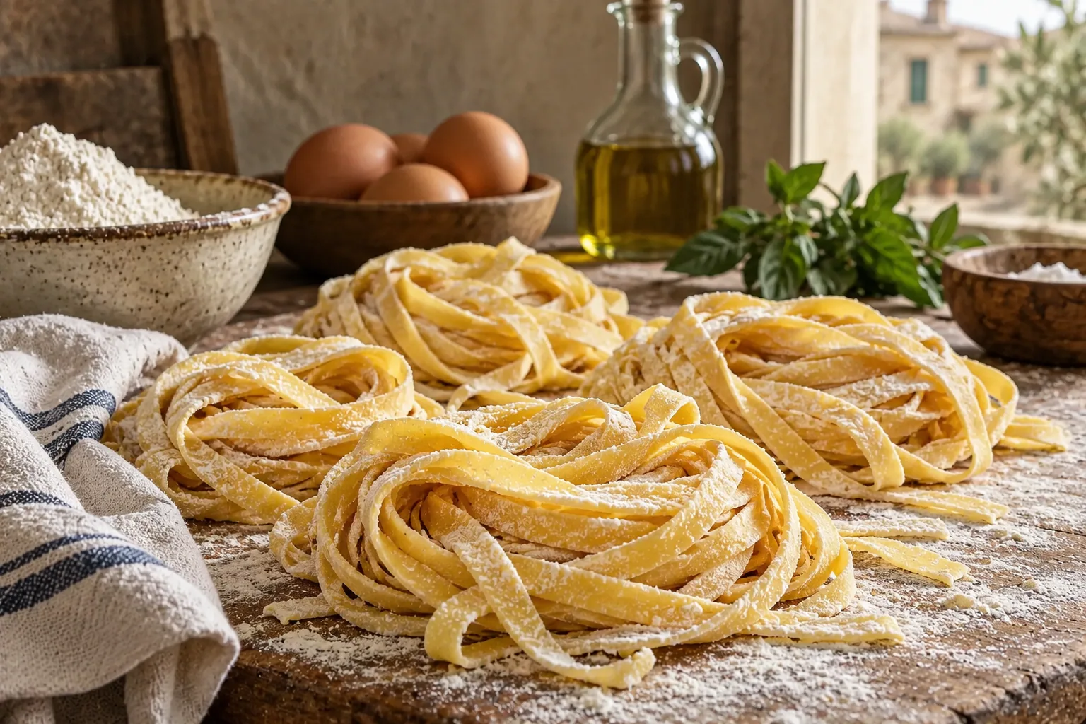 Fresh tagliatelle nests dusted with flour
