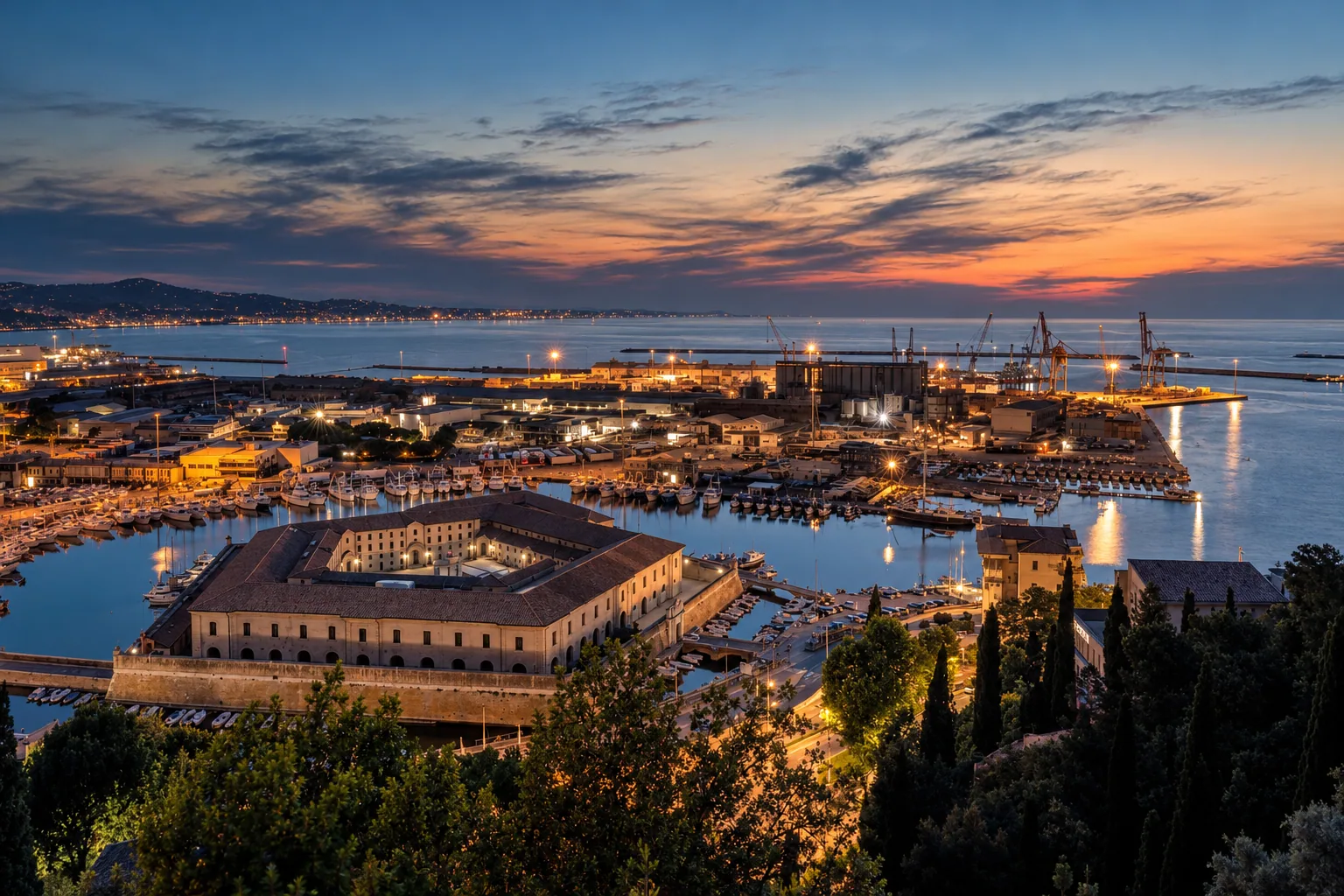 Blue hour over Ancona's harbor and the Mole Vanvitelliana