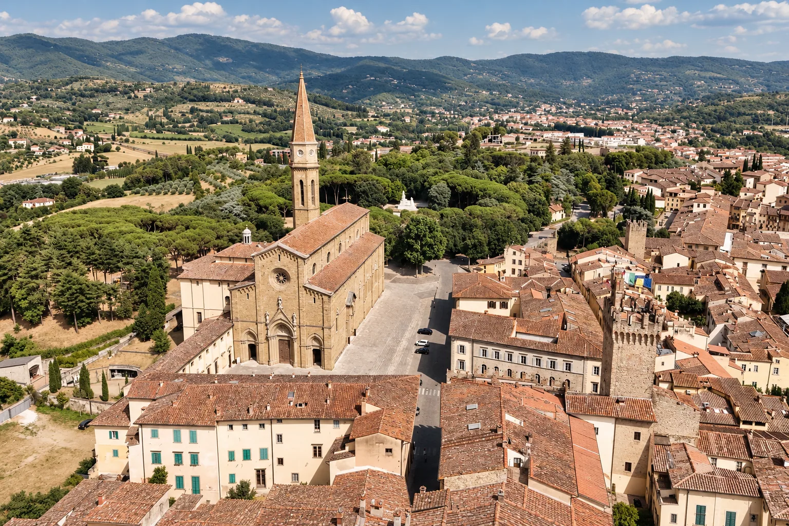 Arezzo's cathedral above the rooftops, the Casentino beyond