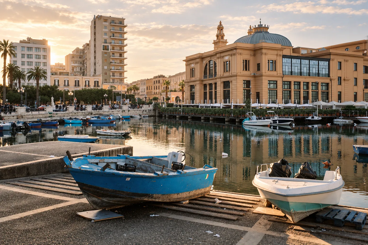 Boats before the Teatro Margherita on Bari's old port