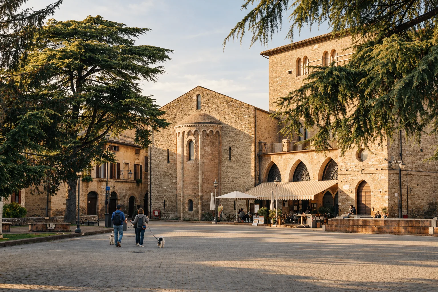 Evening strollers in Bevagna's Romanesque piazza