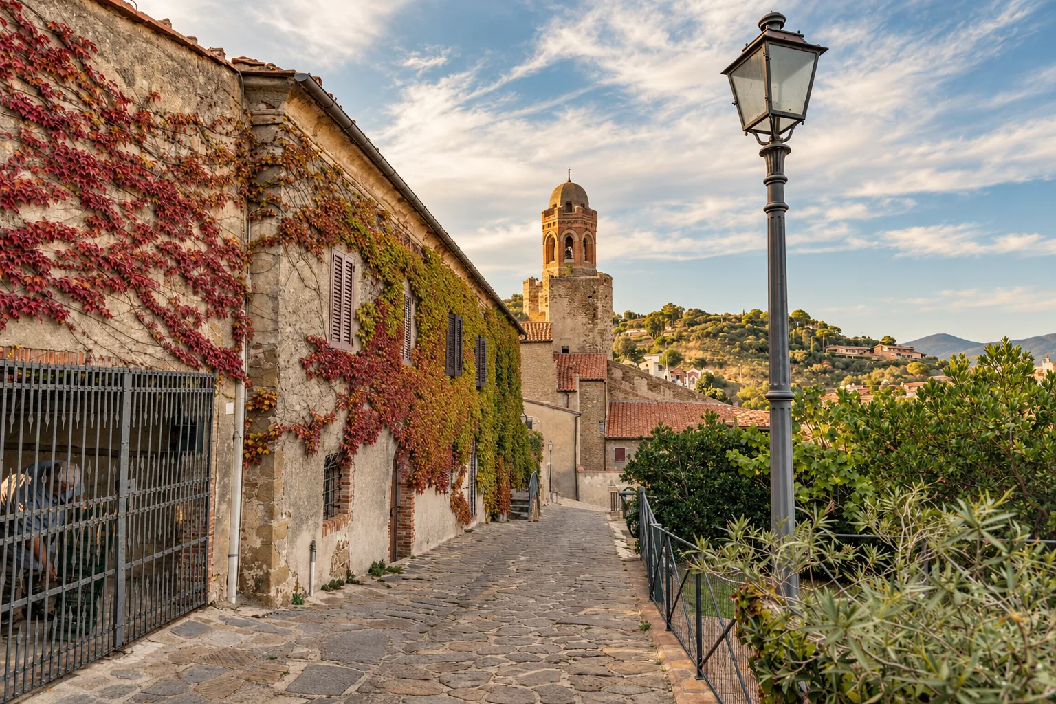 An ivy-clad lane climbing Castiglione della Pescaia