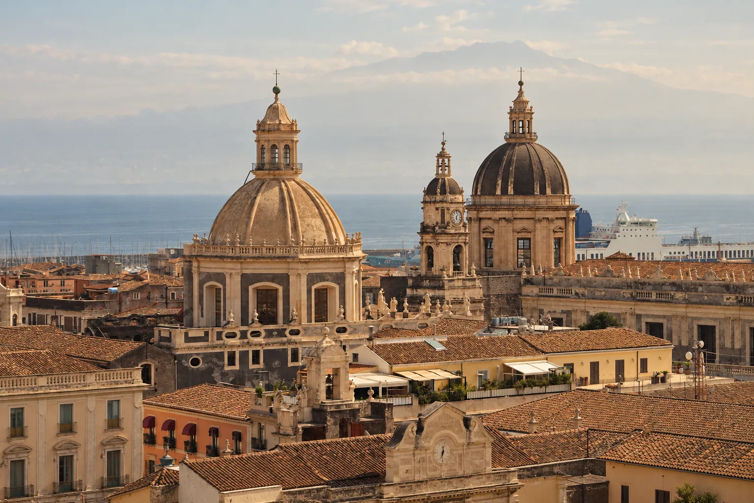 Catania's baroque domes beneath Etna's haze