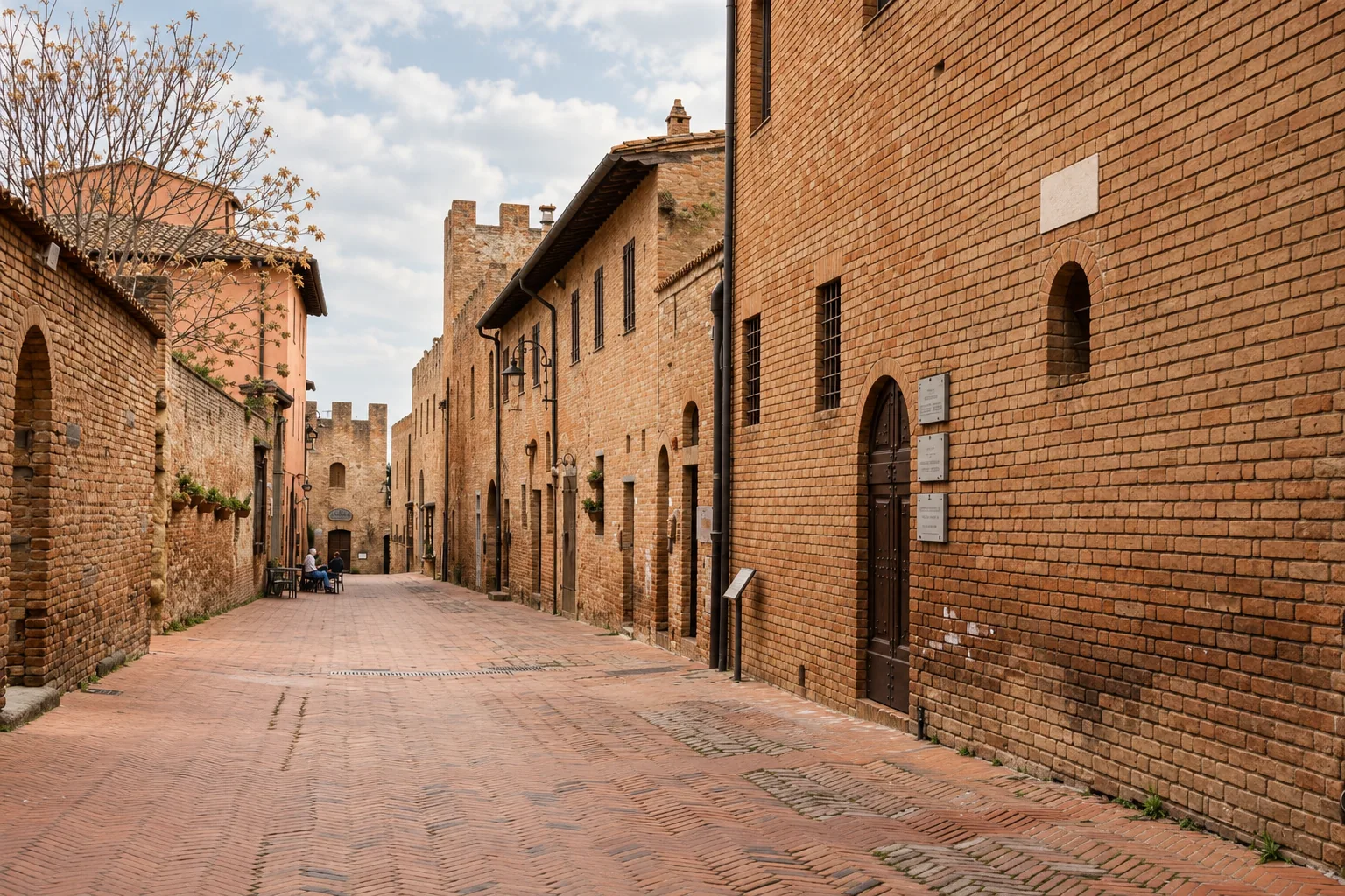 The brick-red main street of Certaldo Alto
