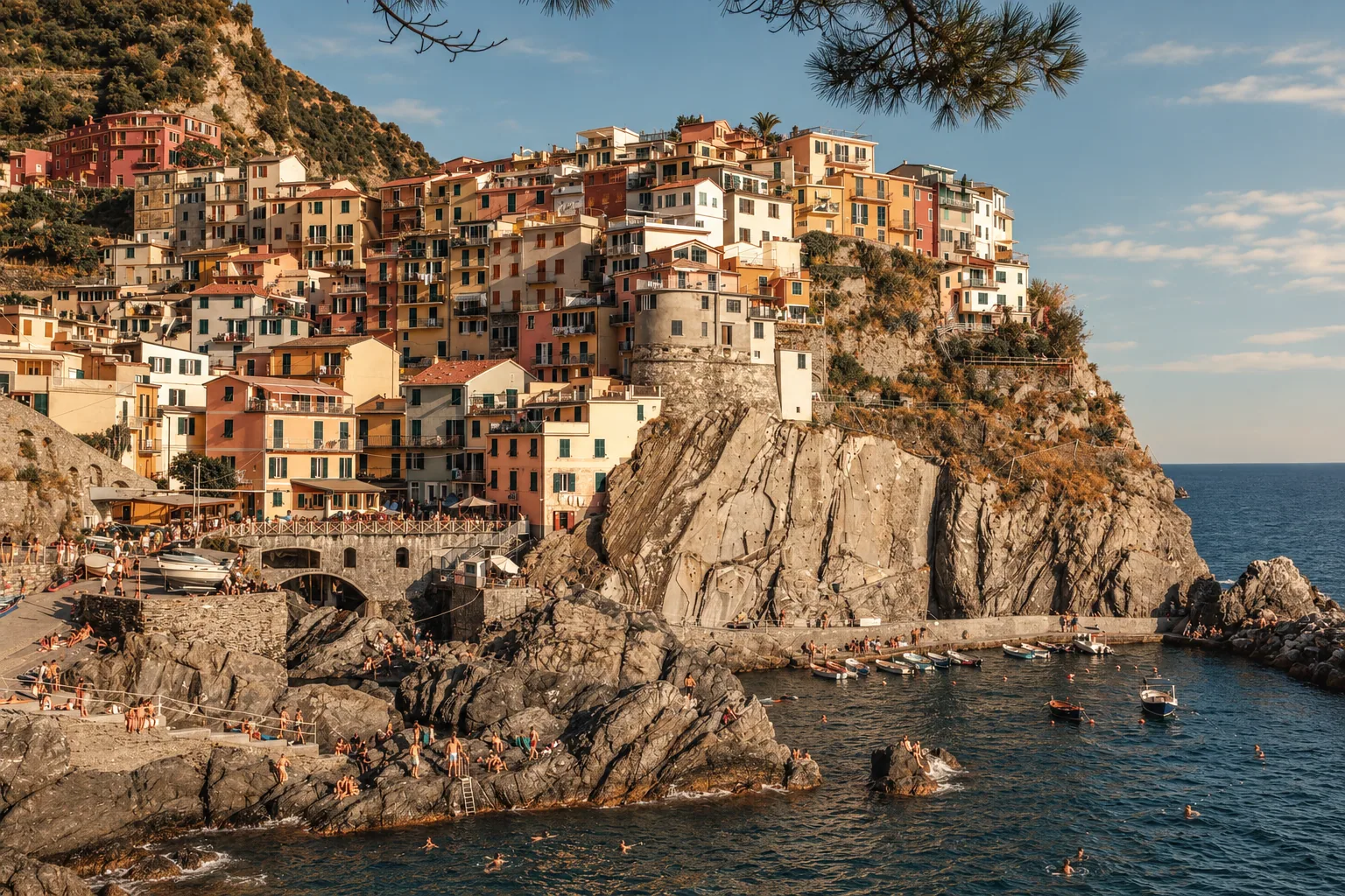Manarola's houses gathered on the cliff at golden hour