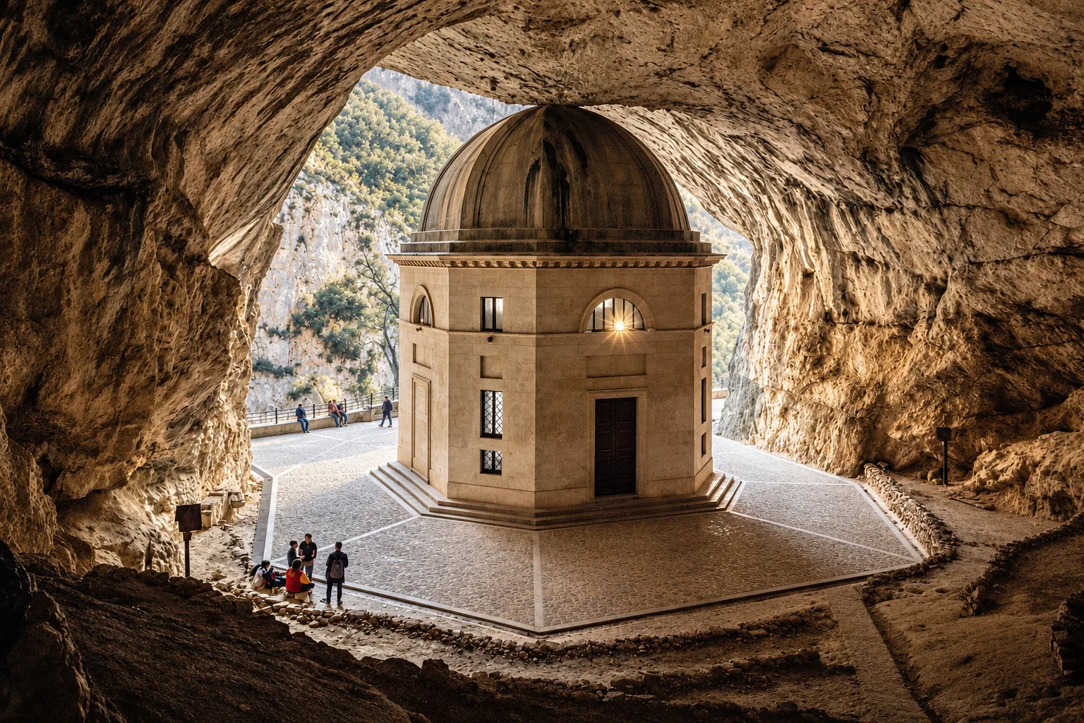 The Valadier temple sheltering in its cave at Genga