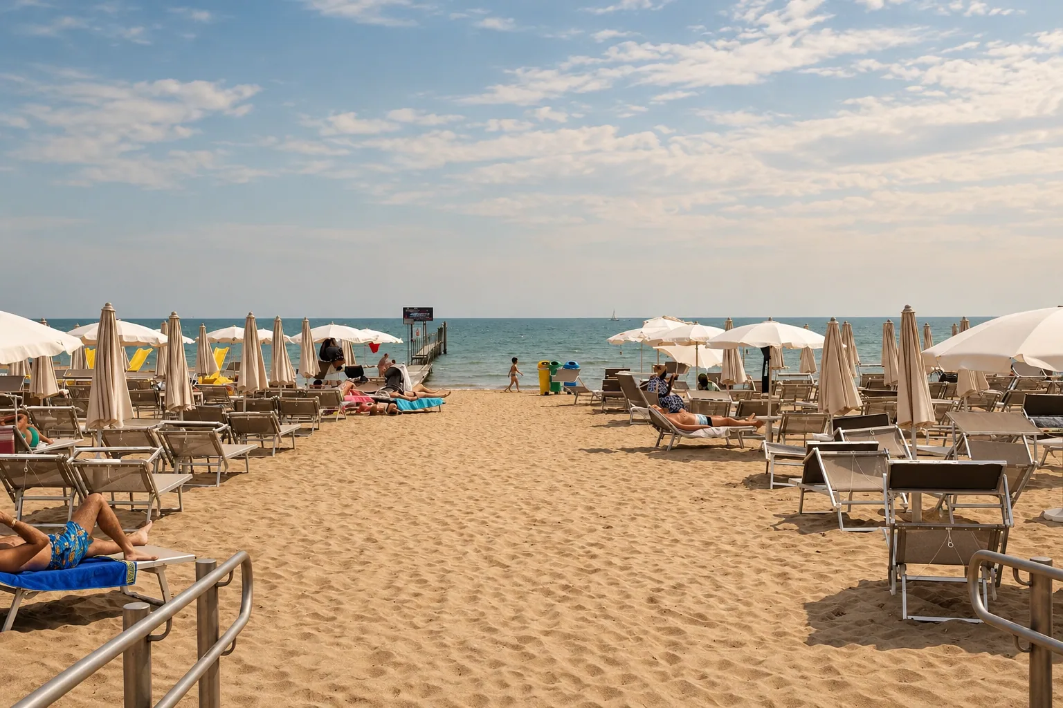 Umbrellas down the long sand of Jesolo's lido