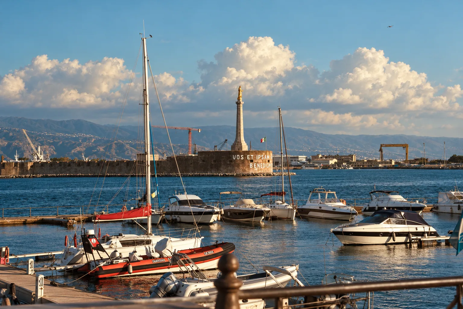 Boats below the golden Madonnina at Messina's harbor mouth