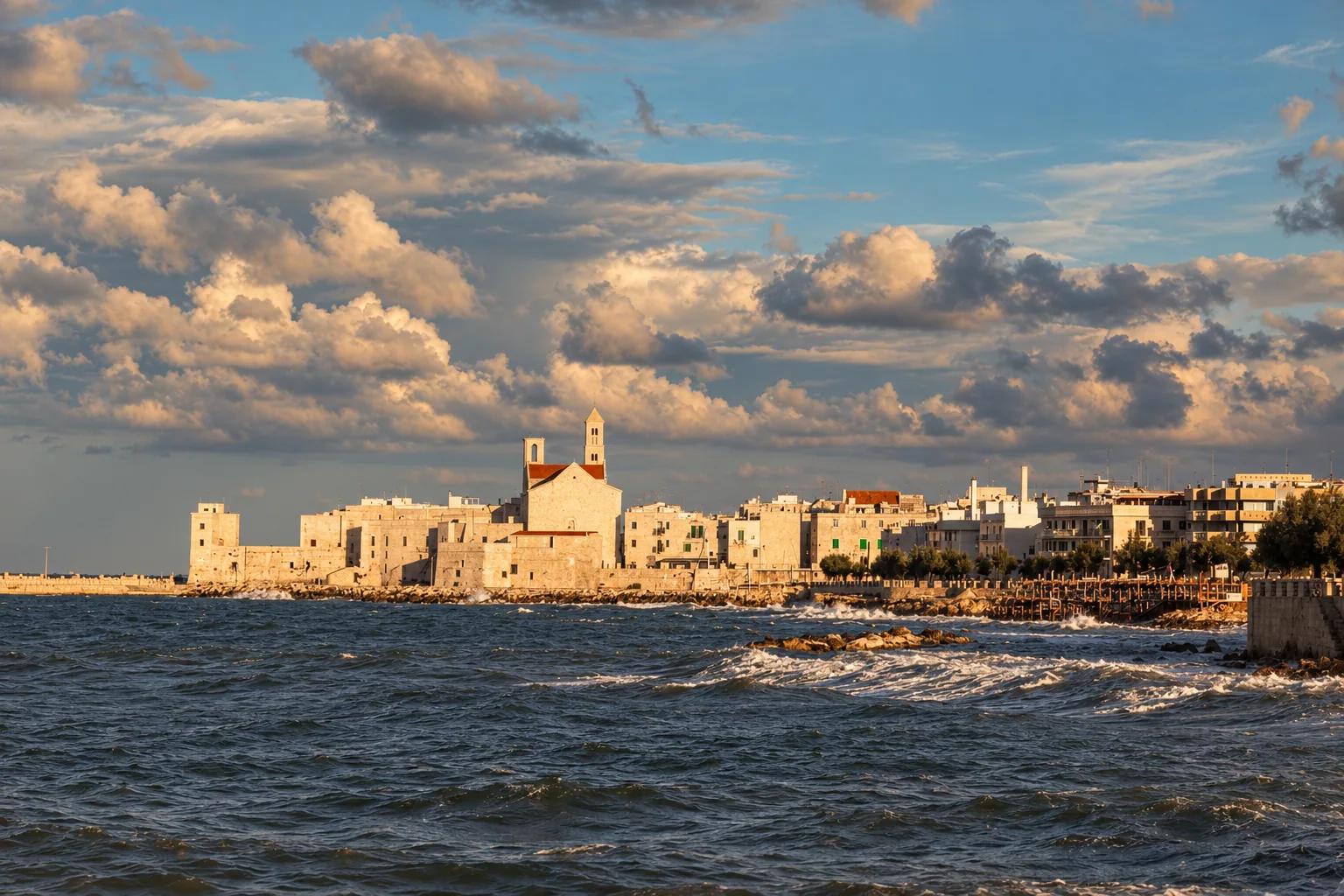 Molfetta's old cathedral on the waterfront at dusk