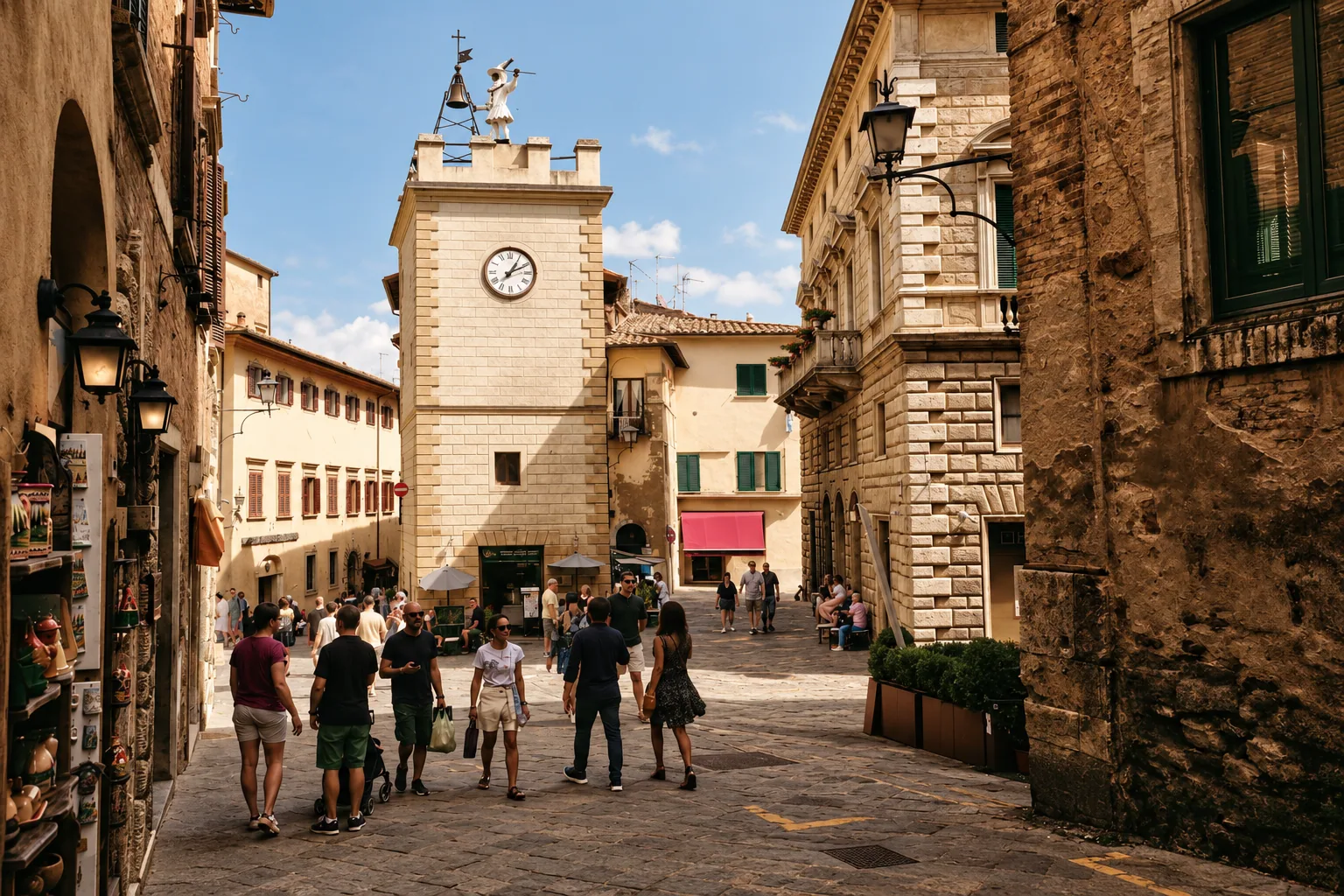 The clock tower above a shaded street in Montepulciano