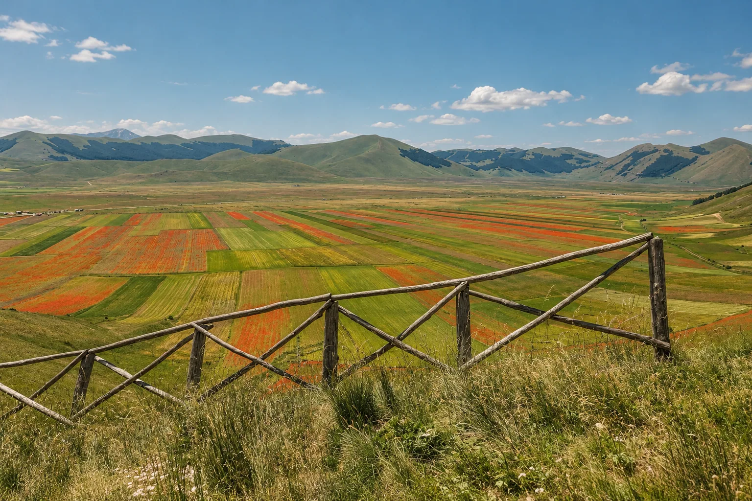 The fioritura spreading across the plain below Norcia