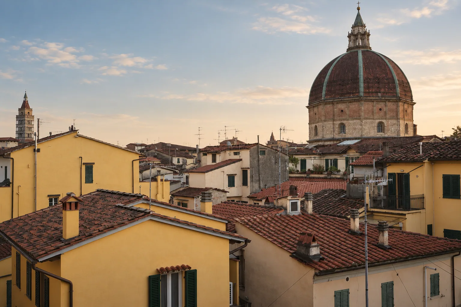 The striped dome of Pistoia above its rooftops