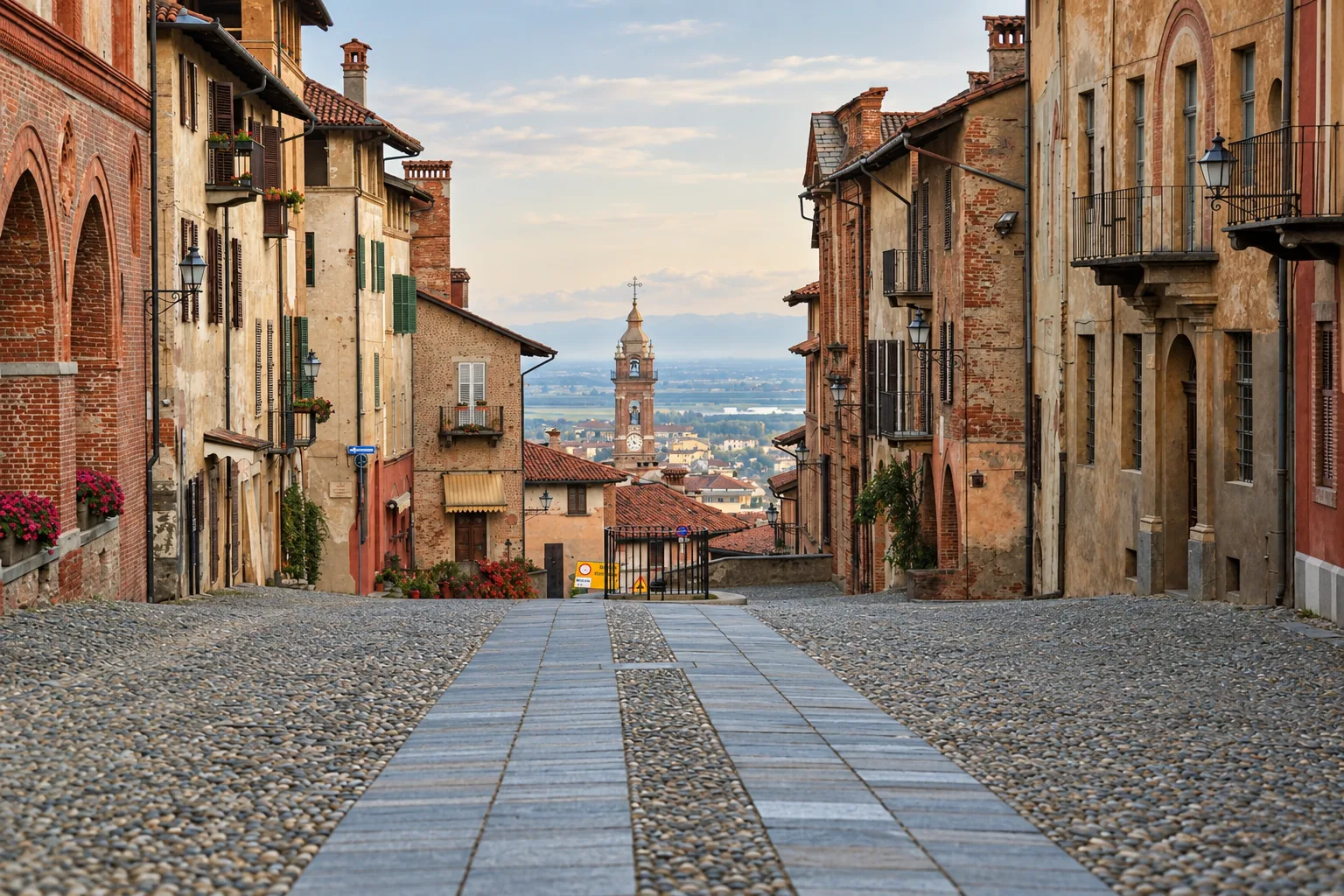 A cobbled lane descending through old Saluzzo
