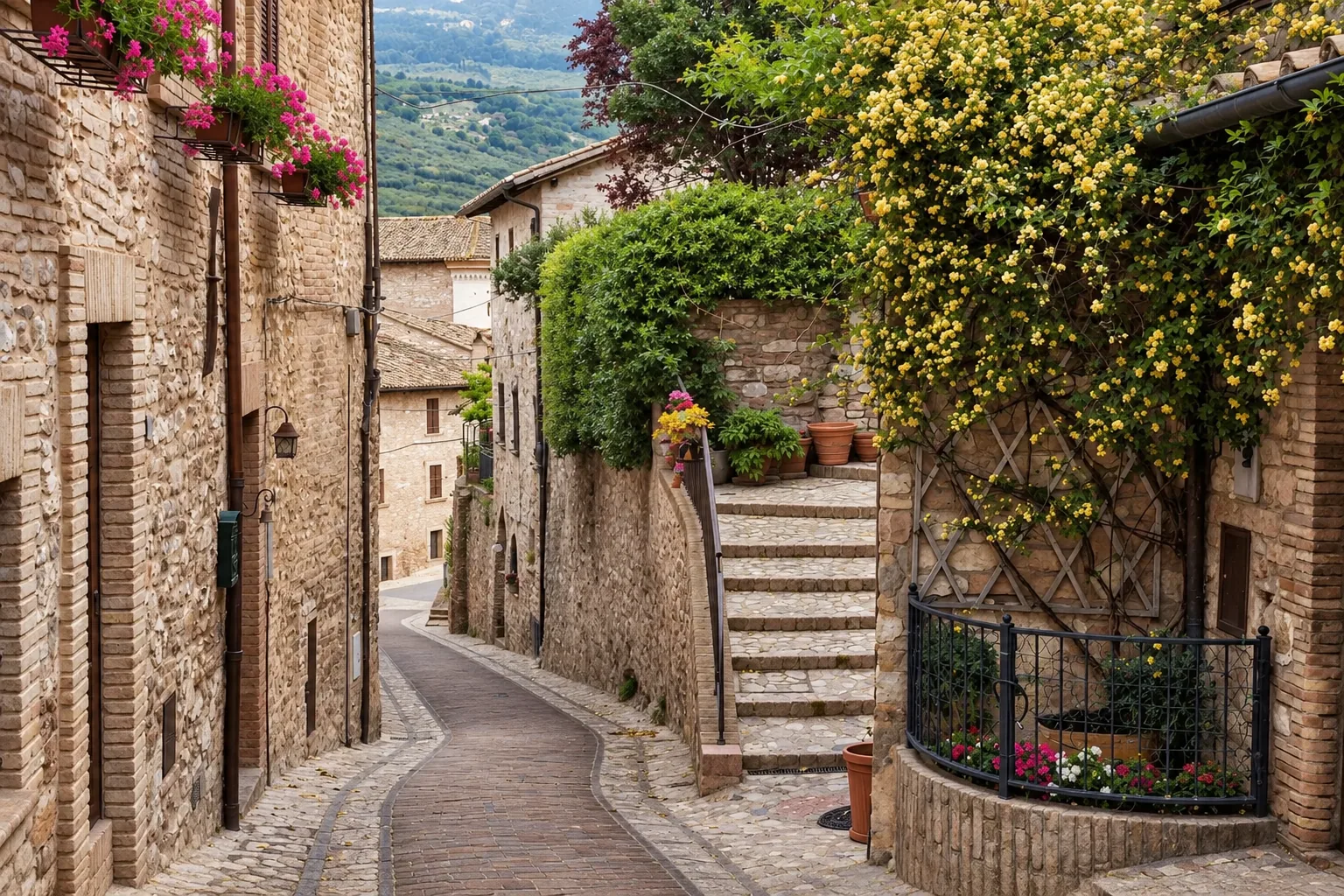 A flower-decked lane climbing through Spello