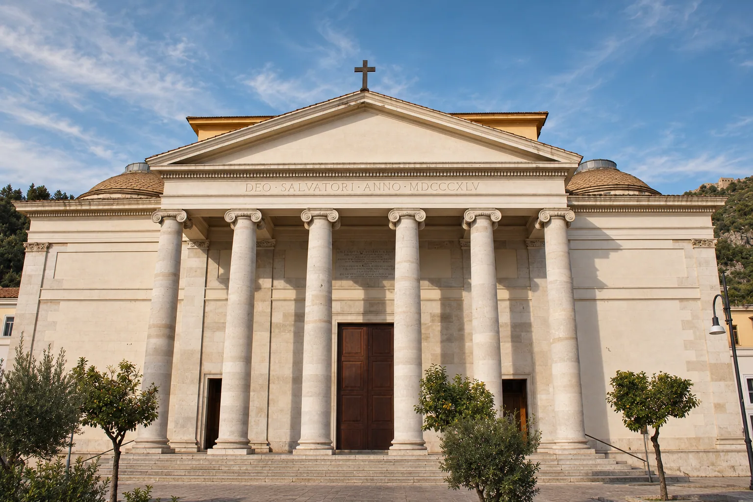Sunlit stone facade in Terracina's historic center