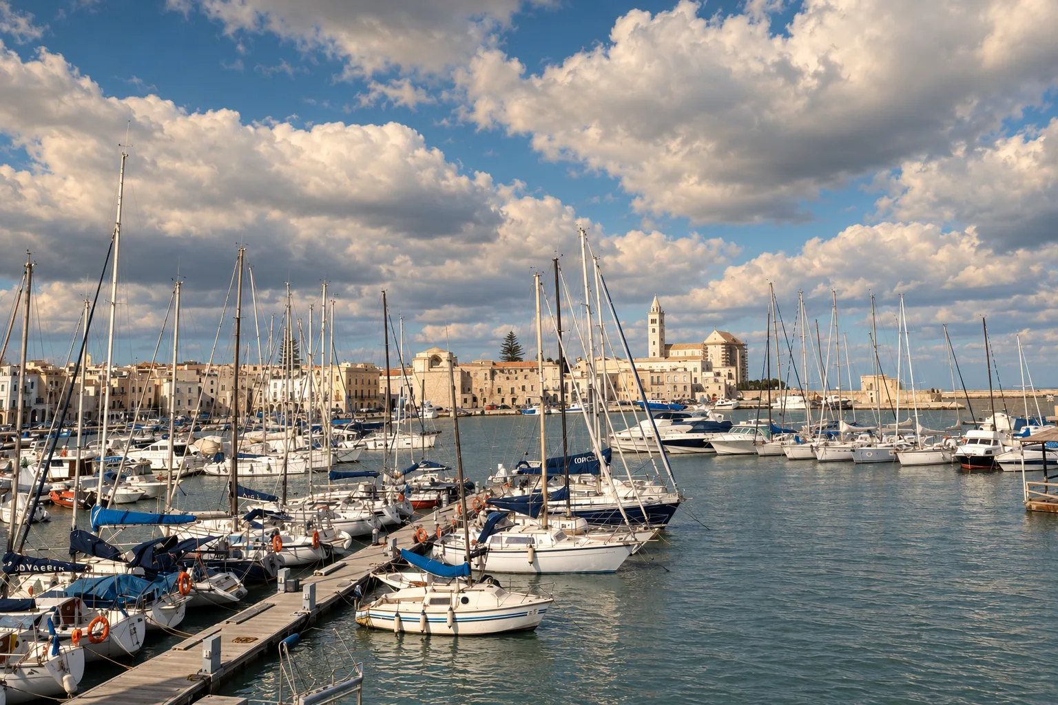 Trani's harbor before its white cathedral tower