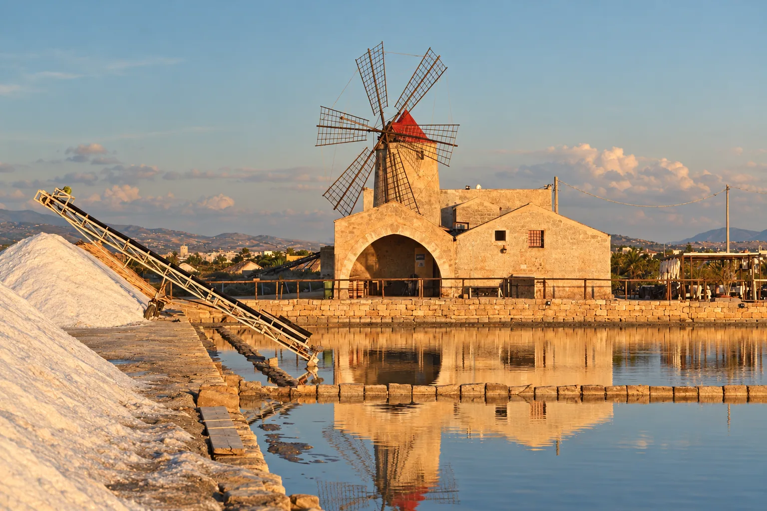 A windmill over the salt pans of Trapani at sunset