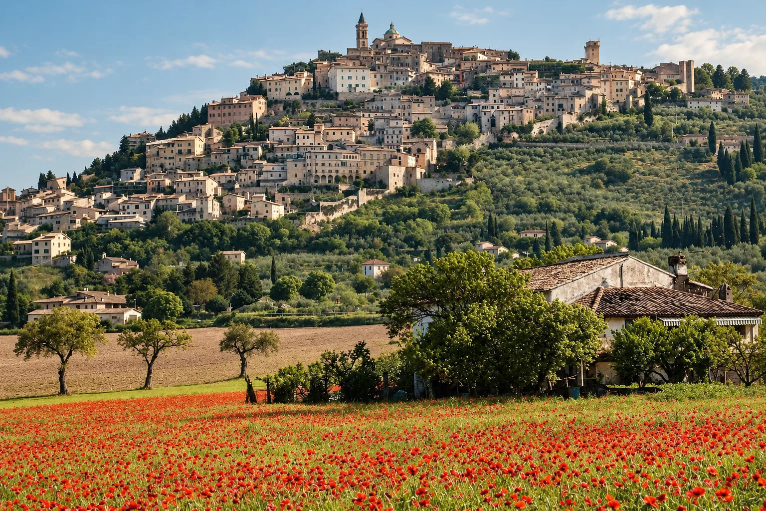 Trevi riding its olive-clad hill in Umbria