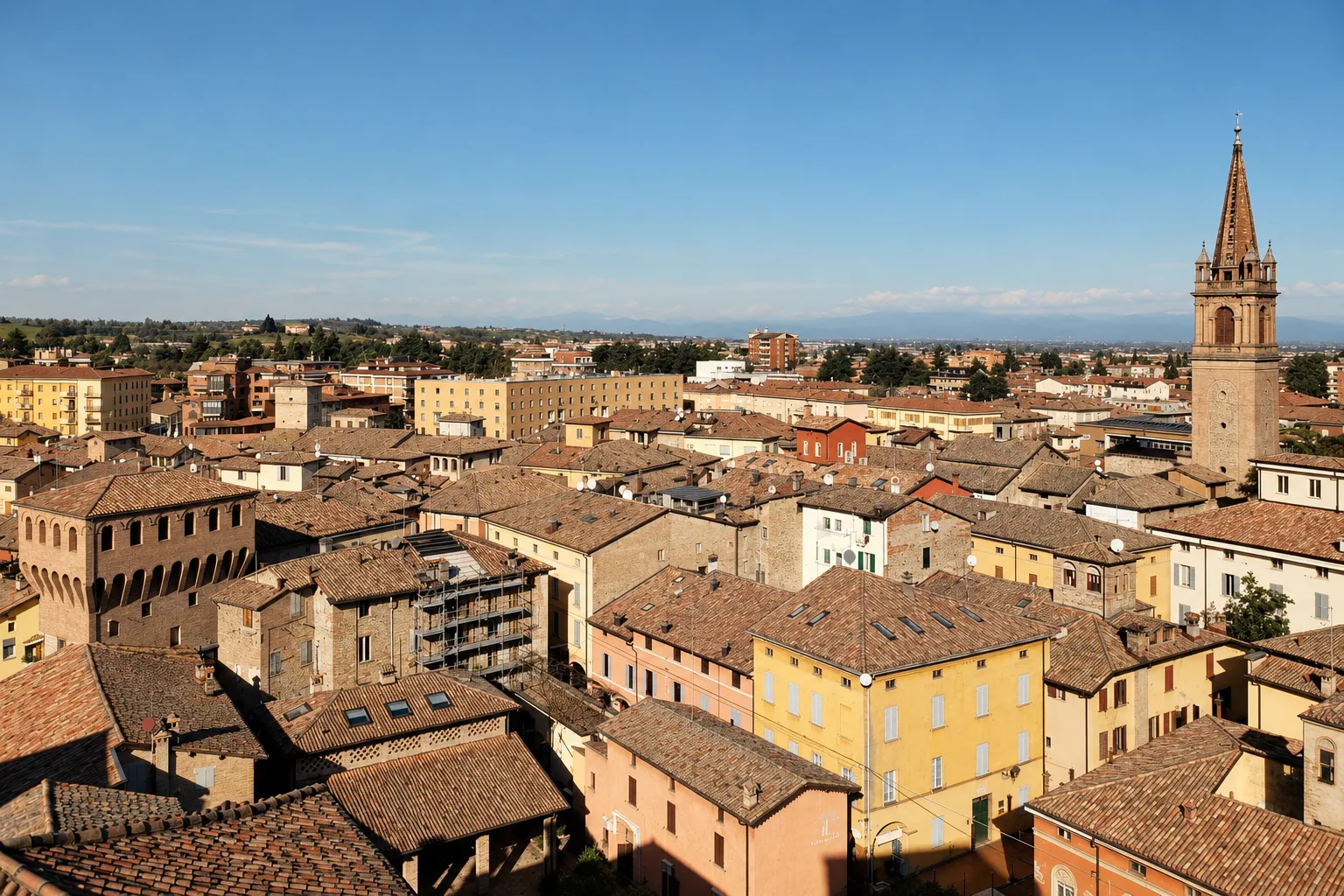 The bell tower above Vignola's rooftops