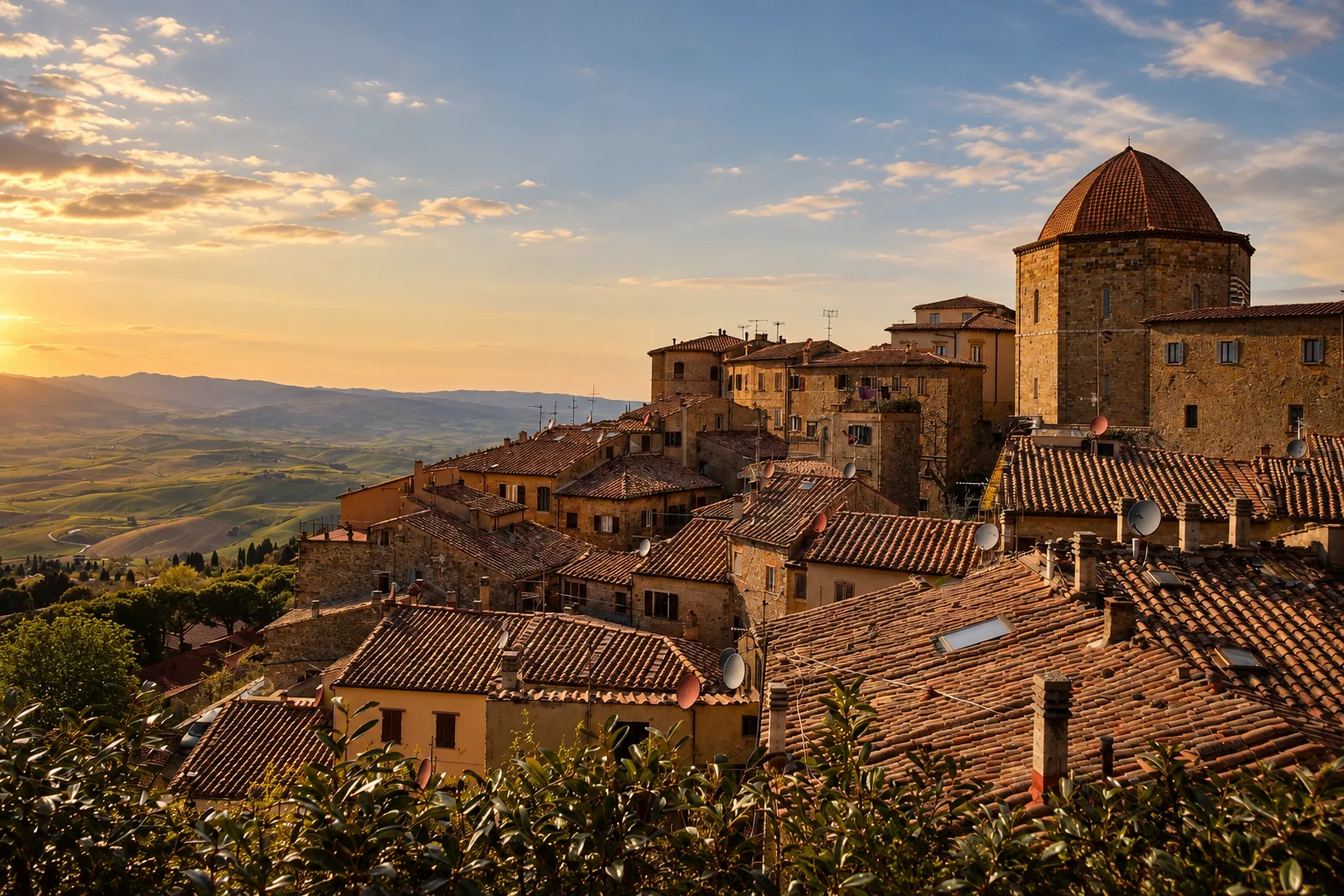 Volterra's towers at dusk above the Val di Cecina