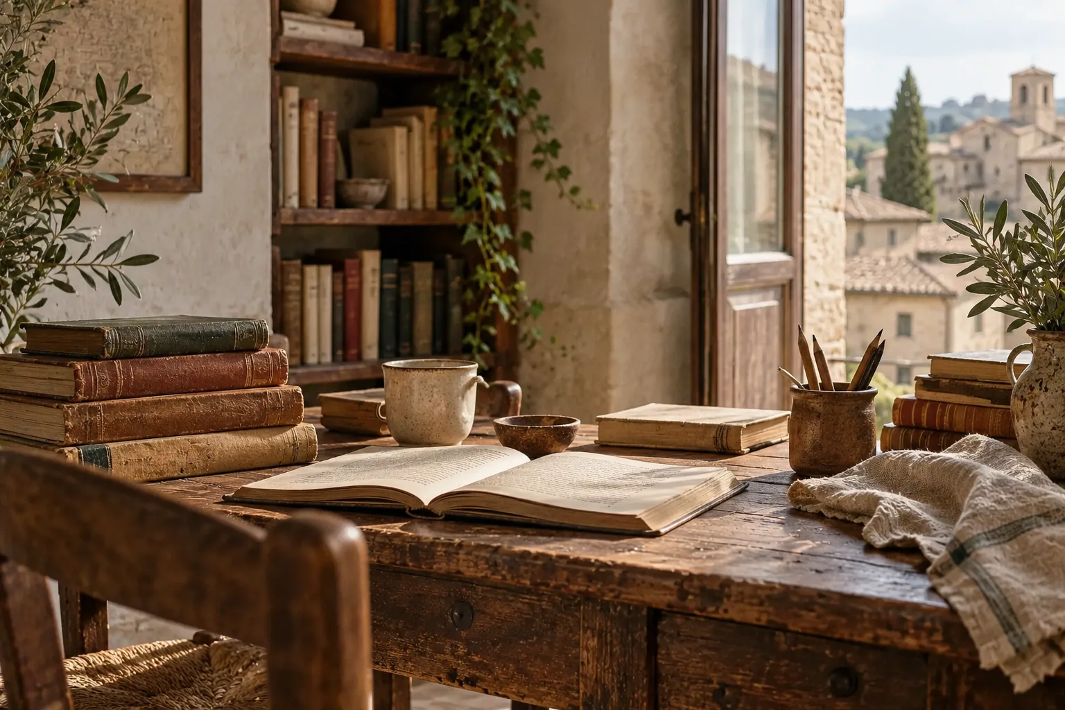 Un tavolo da lettura con libri, lino e matite accanto a una finestra