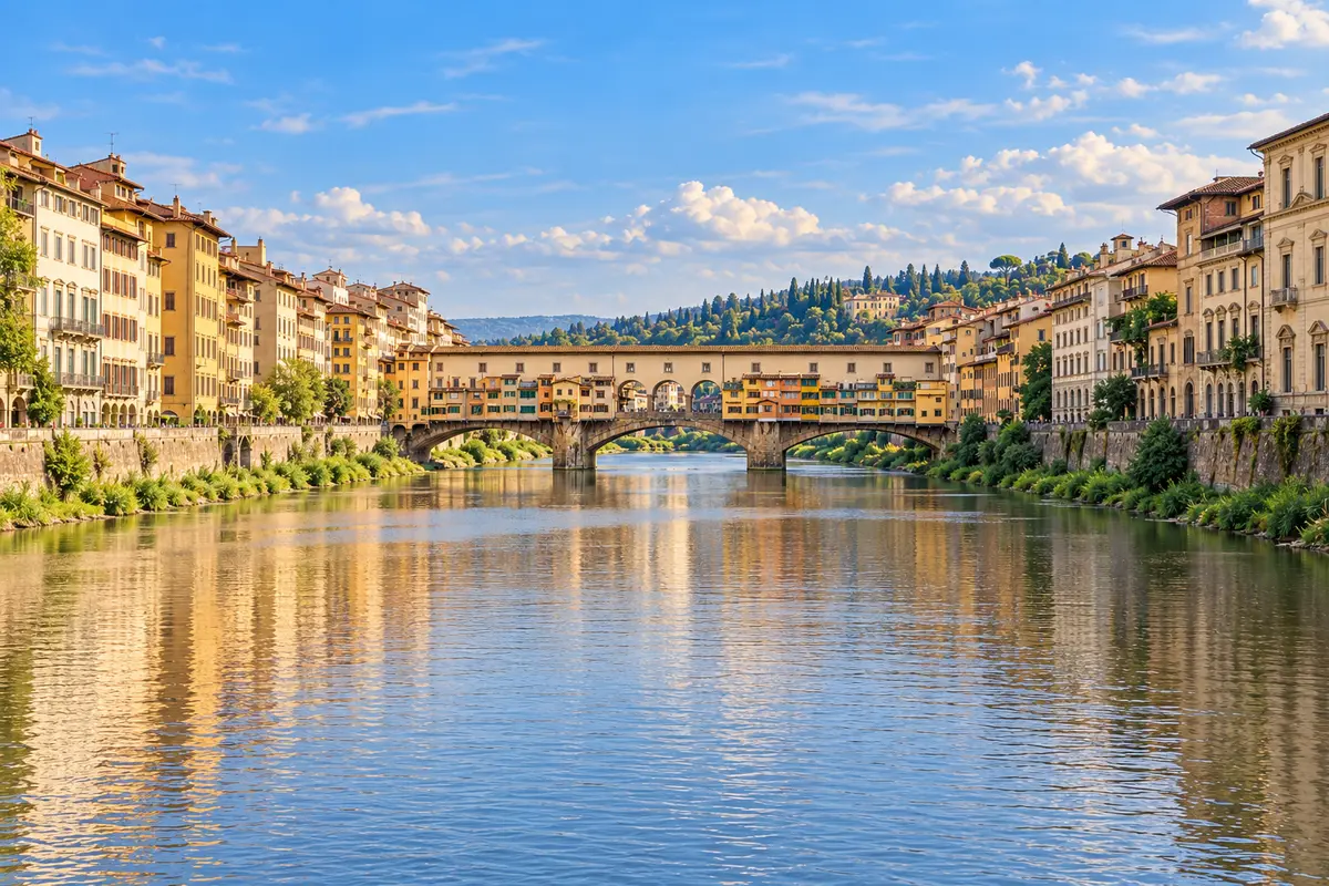 Ponte Vecchio and its three stone arches across the Arno in Florence