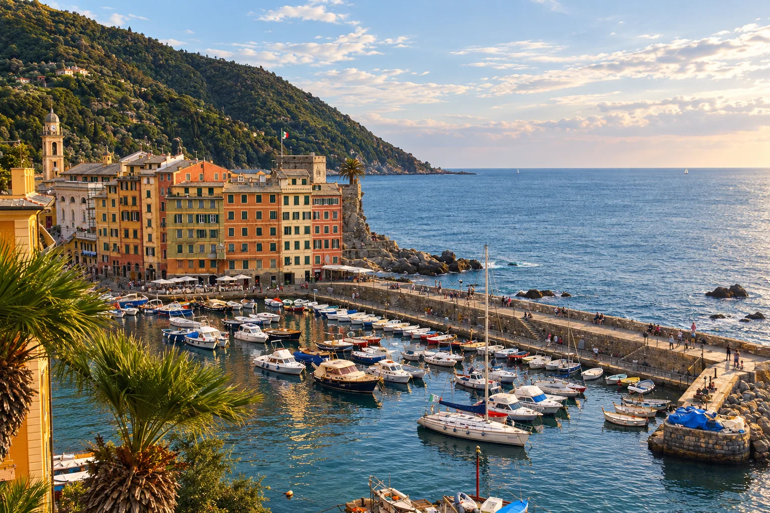 Camogli's boat-filled harbor and painted waterfront houses