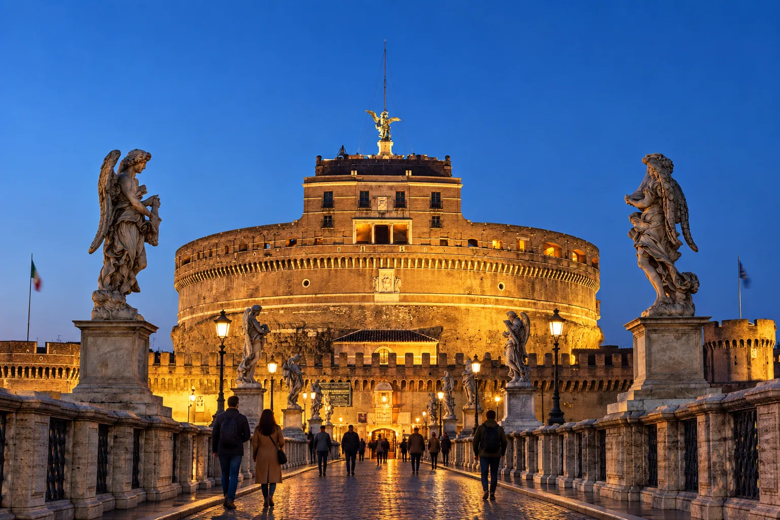 Castel Sant’Angelo in Rome at dusk, seen from the bridge with its marble angels