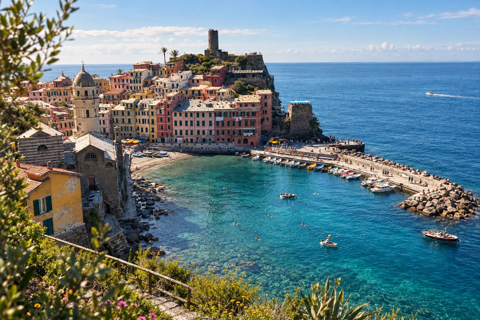 Vernazza's enclosed harbor with pastel houses, church tower and castle