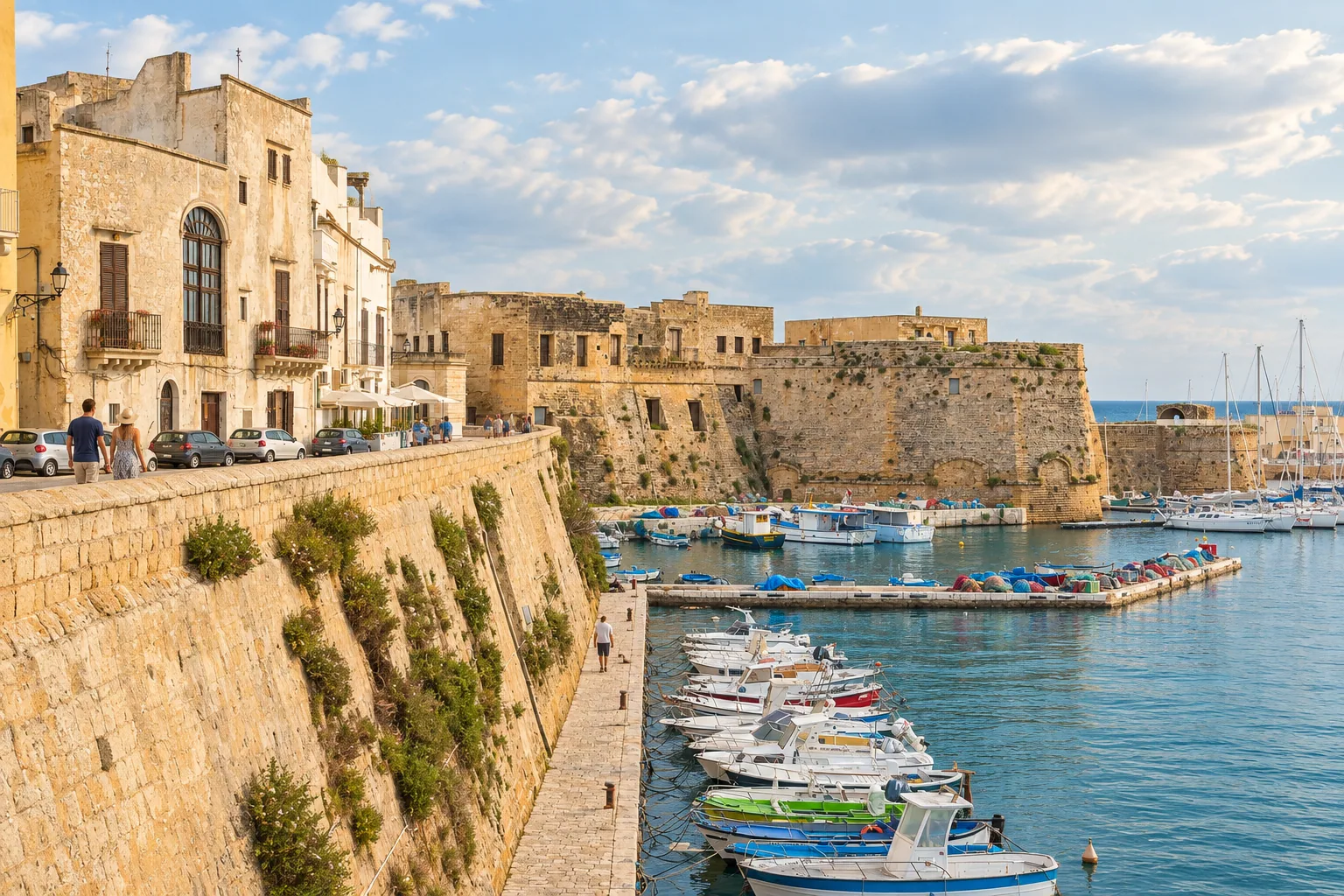 The honey-coloured ramparts of Gallipoli old town rising above the fishing harbour