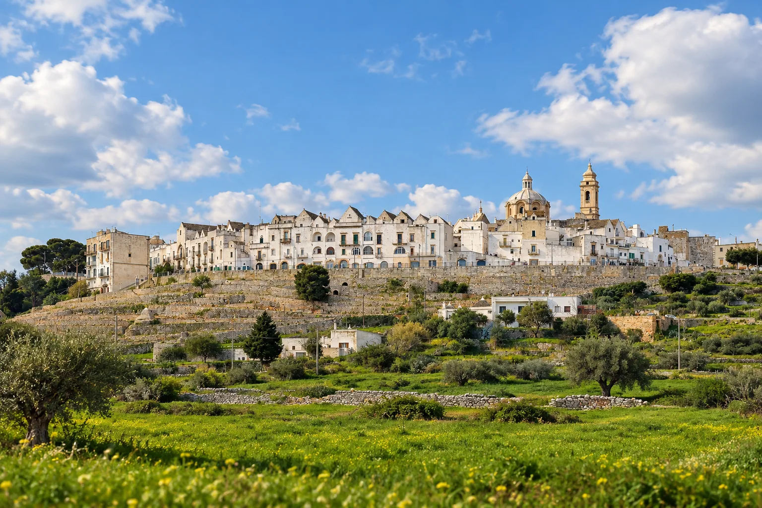 Locorotondo on its hill seen from the fields, white houses stacked around a domed church