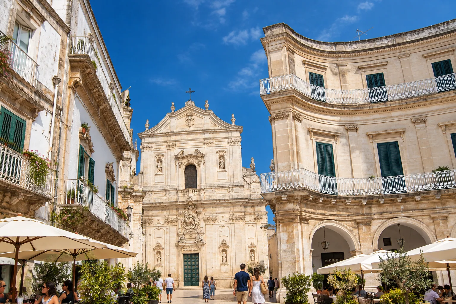 The Baroque basilica of San Martino on Piazza Plebiscito in Martina Franca, with cafe tables in the foreground