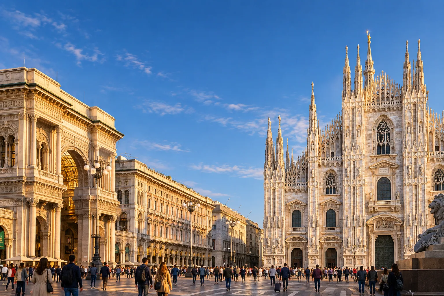 Milan Cathedral’s marble facade and pinnacles beside the arch of the Galleria in Piazza del Duomo at golden hour