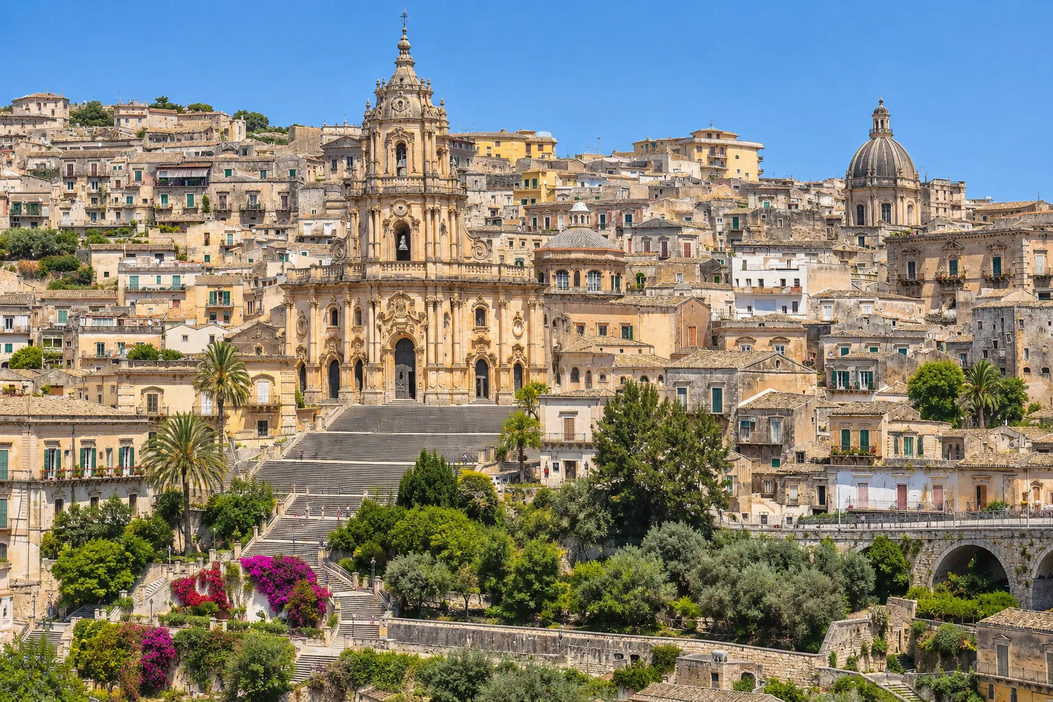 Modica stacked up a hillside in honey-colored stone, with the Duomo di San Giorgio above its monumental staircase